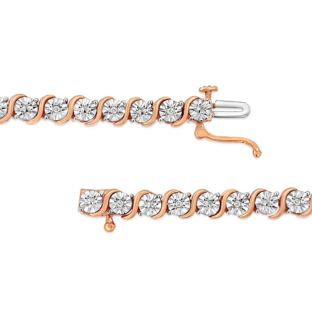Pulsera de tenis de eslabones en "S" con placa de milagro redonda de diamante de 1/10 ct. (Color I-J, Claridad I2-I3) de plata de ley .925 chapada en oro rosa de 14K - 7"