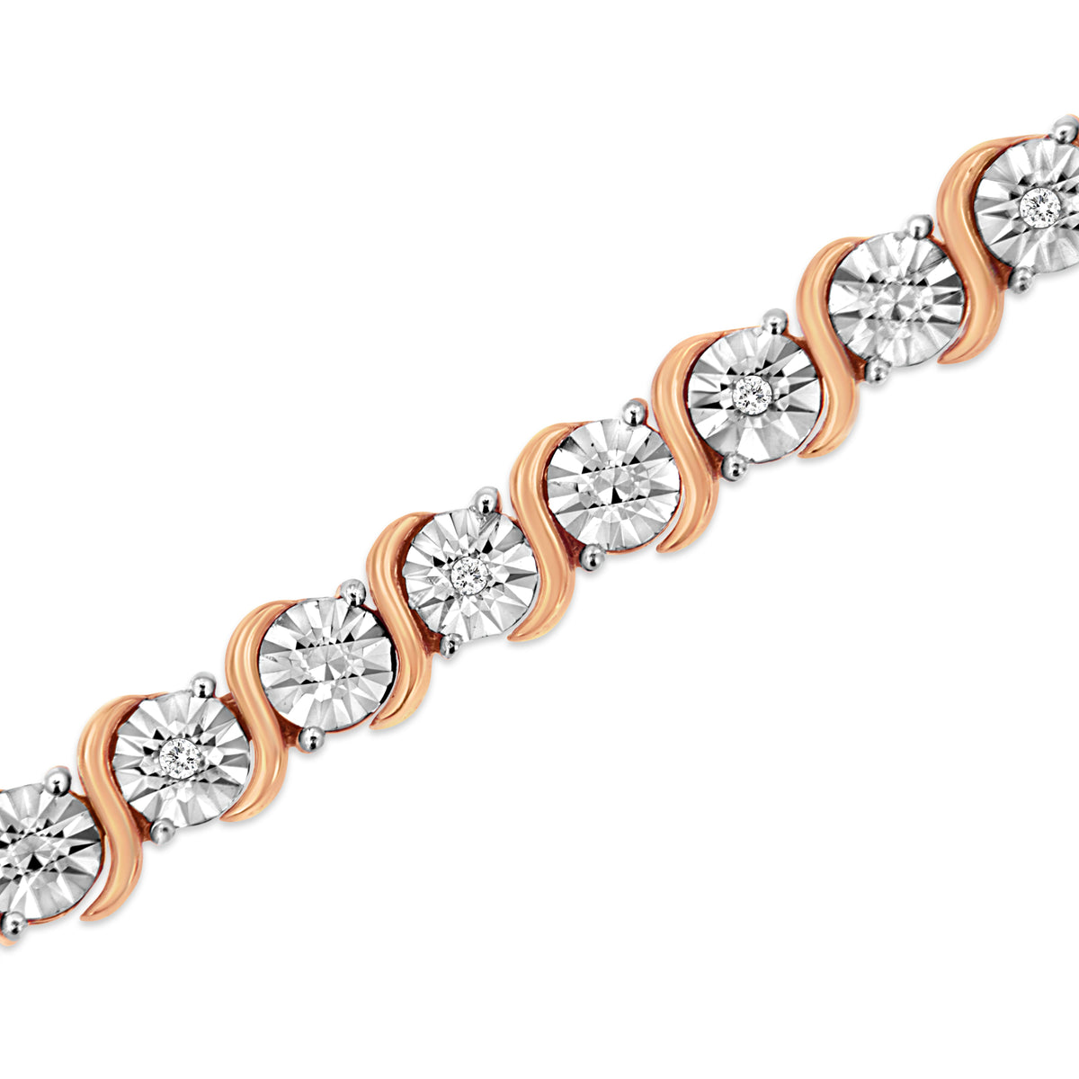 Pulsera de tenis de eslabones en "S" con placa de milagro redonda de diamante de 1/10 ct. (Color I-J, Claridad I2-I3) de plata de ley .925 chapada en oro rosa de 14K - 7"