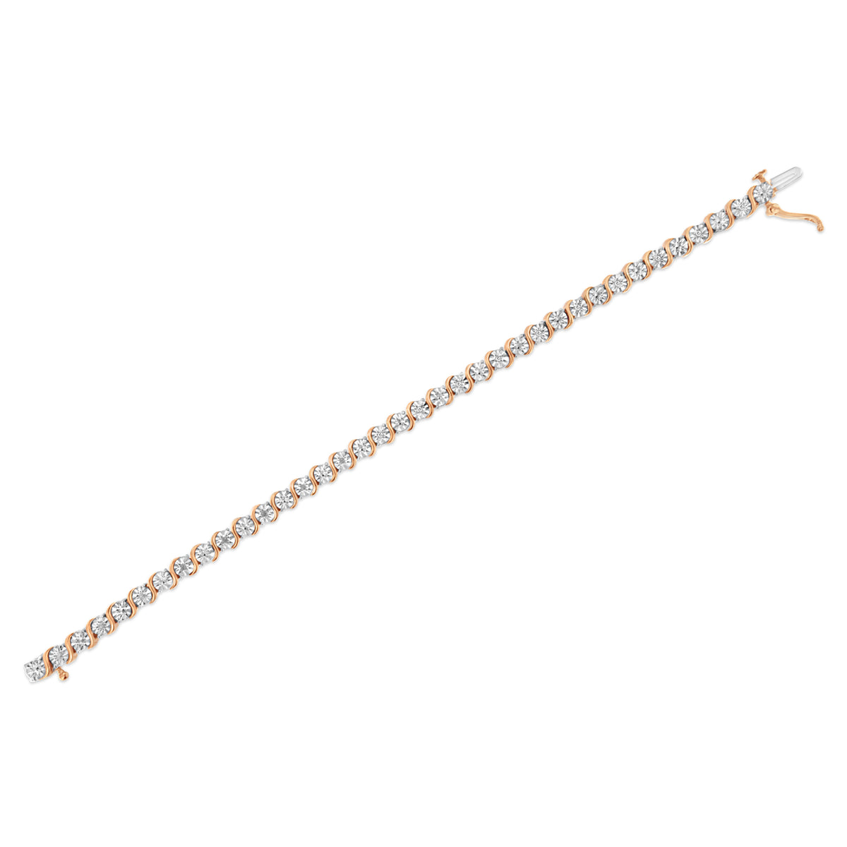 Pulsera de tenis de eslabones en "S" con placa de milagro redonda de diamante de 1/10 ct. (Color I-J, Claridad I2-I3) de plata de ley .925 chapada en oro rosa de 14K - 7"