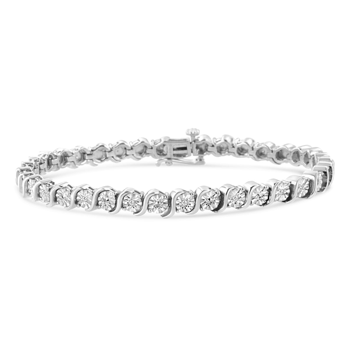 Pulsera de tenis de eslabones en "S" con placa de milagro redonda de diamante de 1/10 ct. (Color I-J, Claridad I2-I3) de plata de ley .925 chapada en oro rosa de 14K - 7"