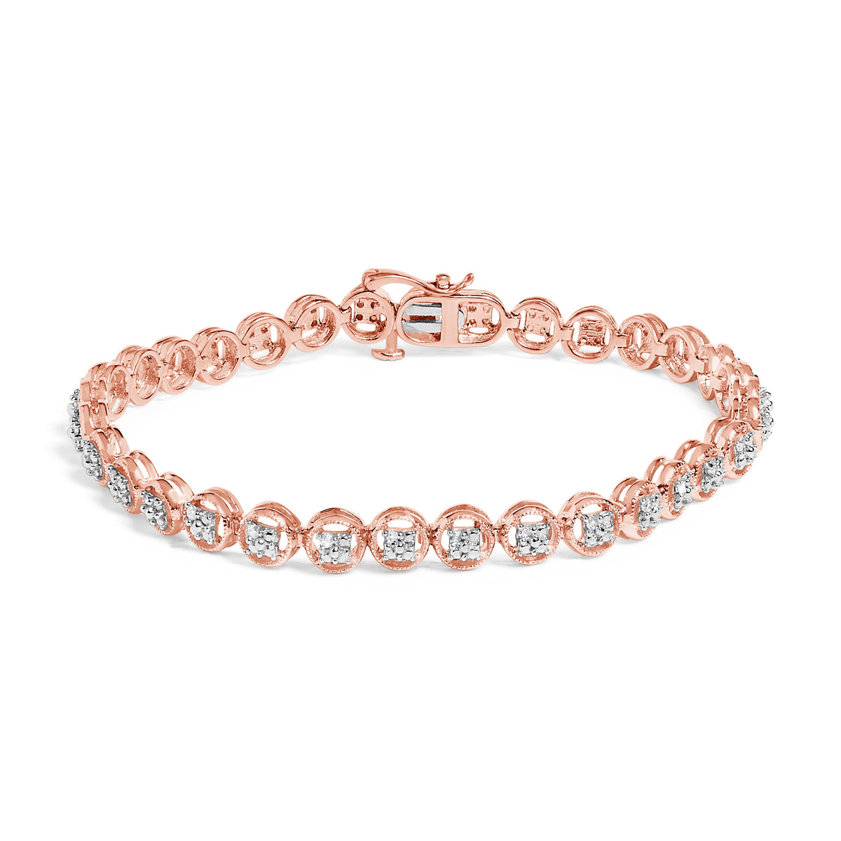 Pulsera de tenis con eslabones de rueda de círculo abierto con cuentas de plata de ley .925 bañada en oro amarillo de 14 quilates y diamantes de 1/10 quilates (color I-J, claridad I3) - 7.25"