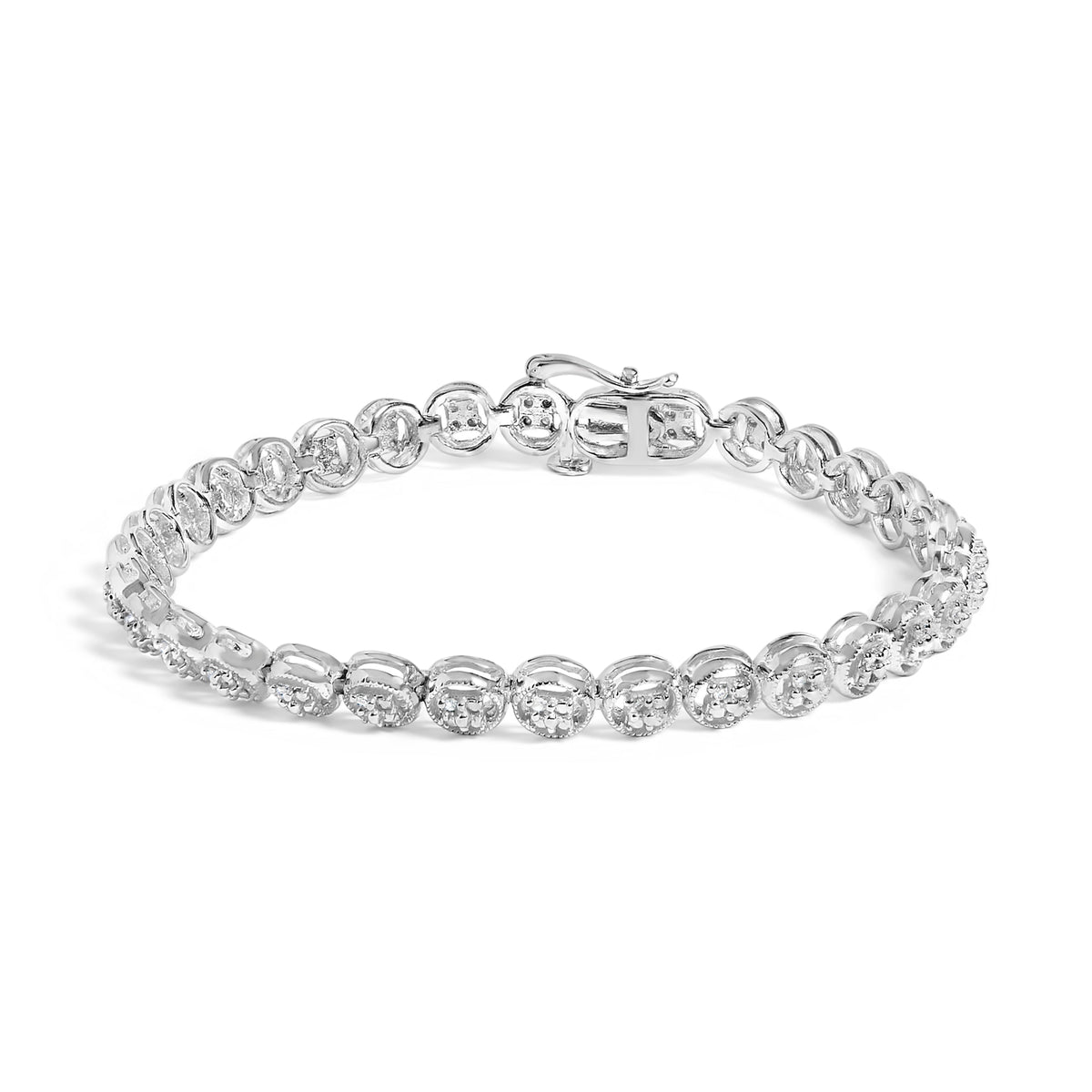Pulsera de tenis con eslabones de rueda de círculo abierto con cuentas de plata de ley .925 bañada en oro amarillo de 14 quilates y diamantes de 1/10 quilates (color I-J, claridad I3) - 7.25"