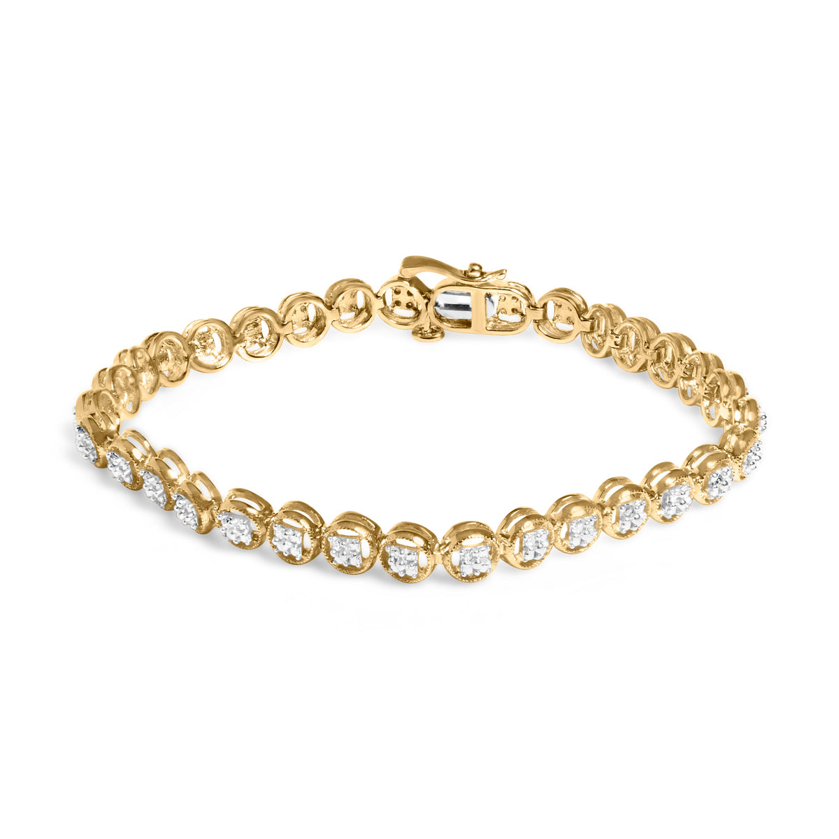 Pulsera de tenis con eslabones de rueda de círculo abierto con cuentas de plata de ley .925 bañada en oro amarillo de 14 quilates y diamantes de 1/10 quilates (color I-J, claridad I3) - 7.25"