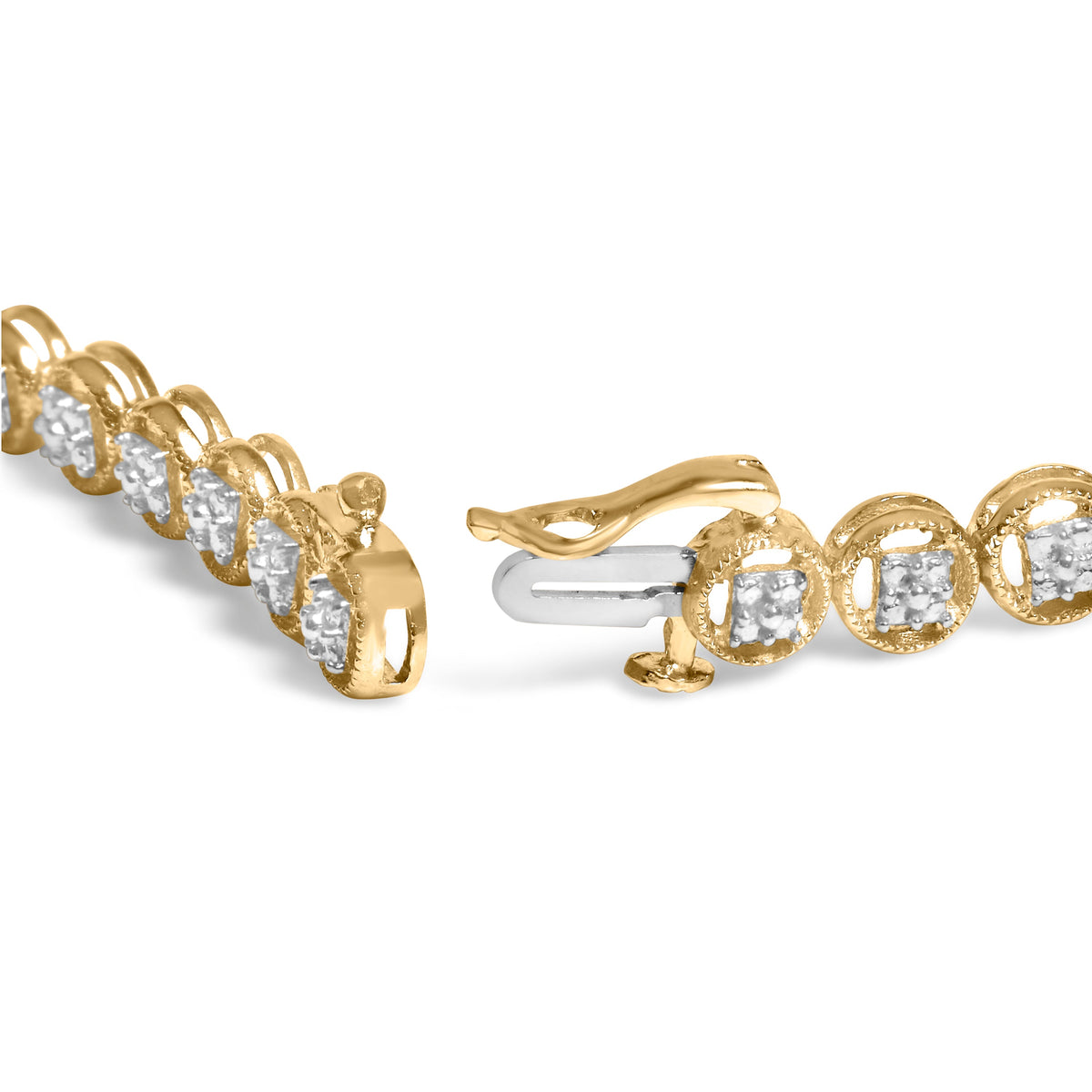 Pulsera de tenis con eslabones de rueda de círculo abierto con cuentas de plata de ley .925 bañada en oro amarillo de 14 quilates y diamantes de 1/10 quilates (color I-J, claridad I3) - 7.25"