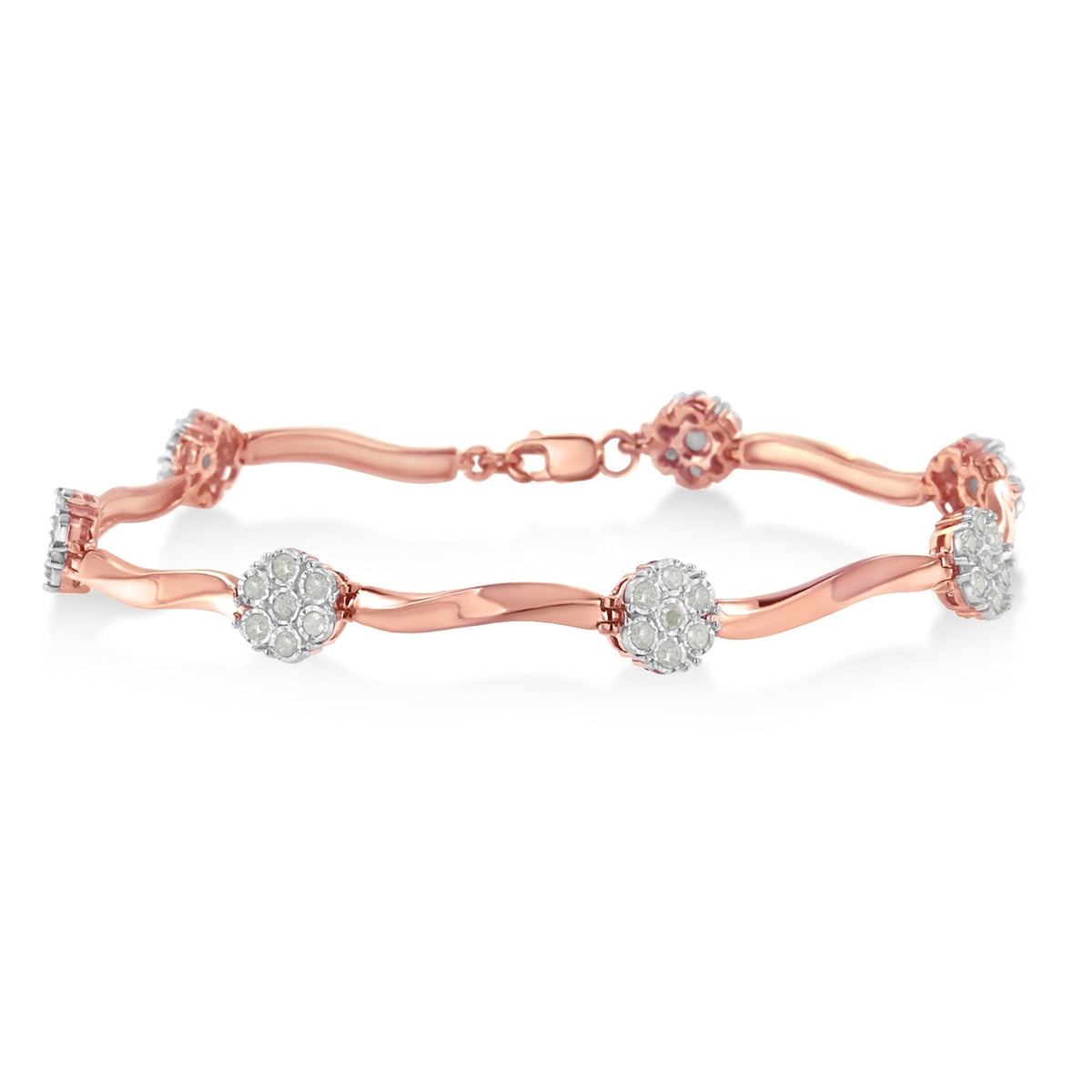 Pulsera .925 de oro rosa de 10k sobre plata de ley con eslabones florales de diamante de 1,0 quilates (color I-J, claridad I3)