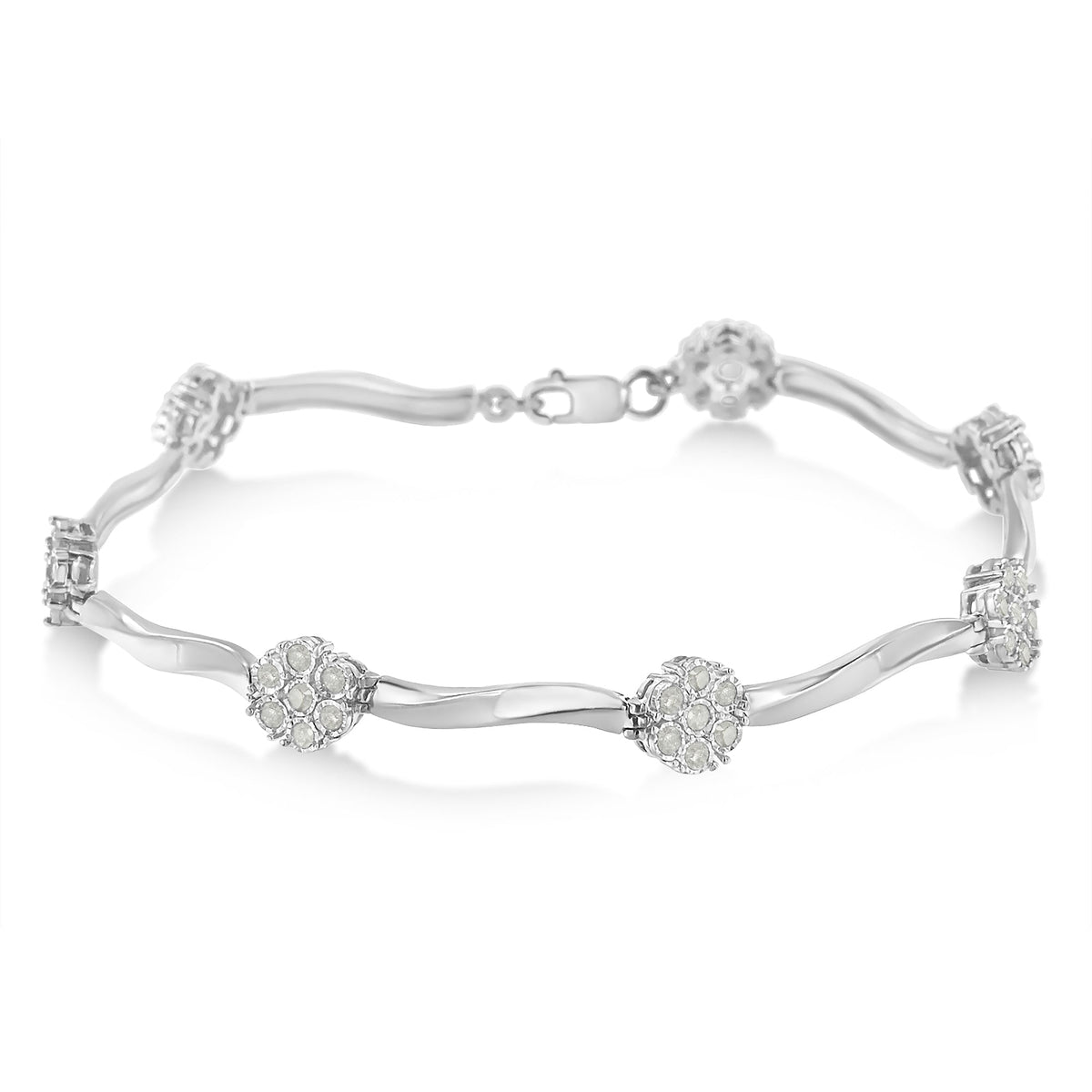 Pulsera de tenis de plata esterlina .925 con diseño de estación de diamantes en racimo de 1,0 Cttw con engaste milagroso y barra trenzada de 17,78 cm (color H-I, claridad I1-I2)