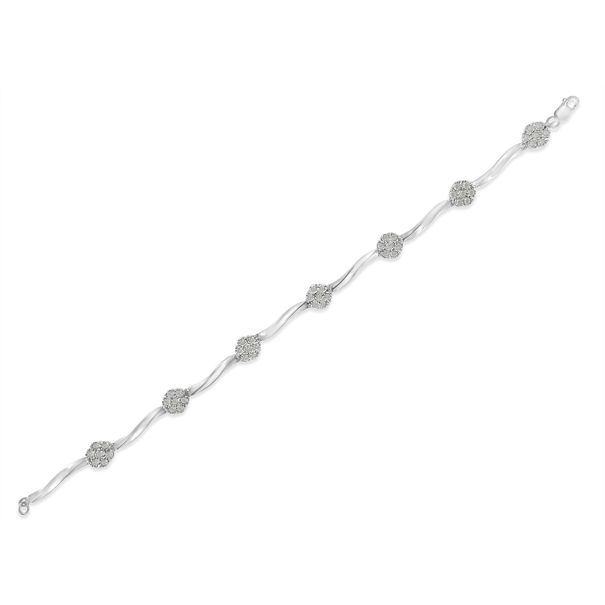 Pulsera de tenis de plata esterlina .925 con diseño de estación de diamantes en racimo de 1,0 Cttw con engaste milagroso y barra trenzada de 17,78 cm (color H-I, claridad I1-I2)