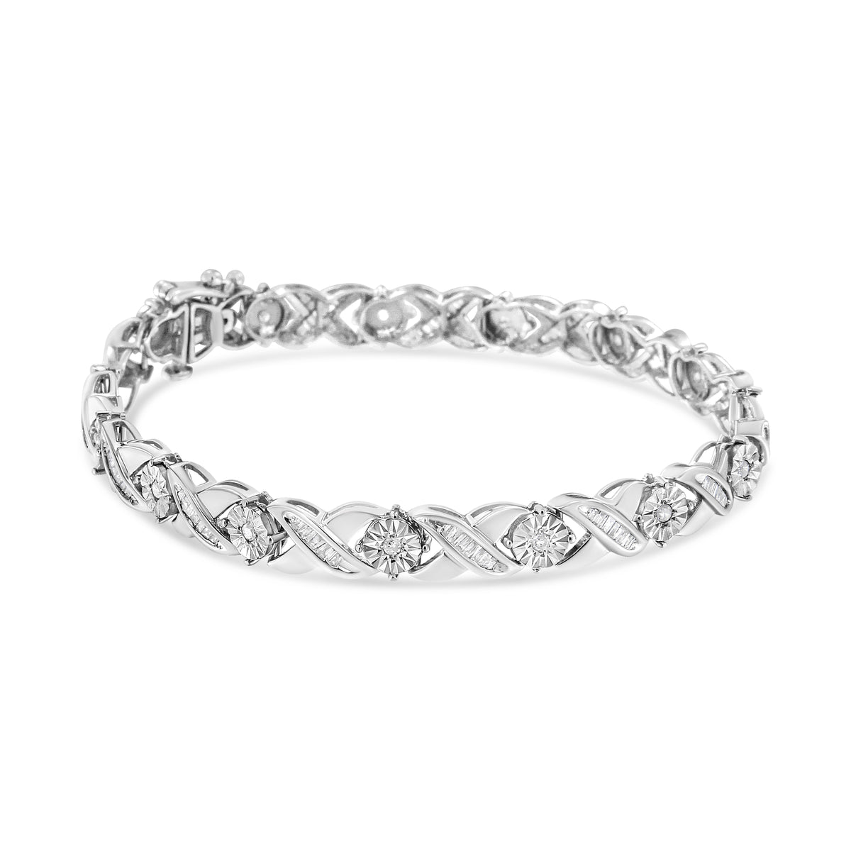 Pulsera de tenis de plata esterlina .925 con diamantes de corte redondo brillante y baguette de 1.0 quilates engarzados en milagro, tipo "X-Link", de 7" (color I-J, claridad I2-I3)