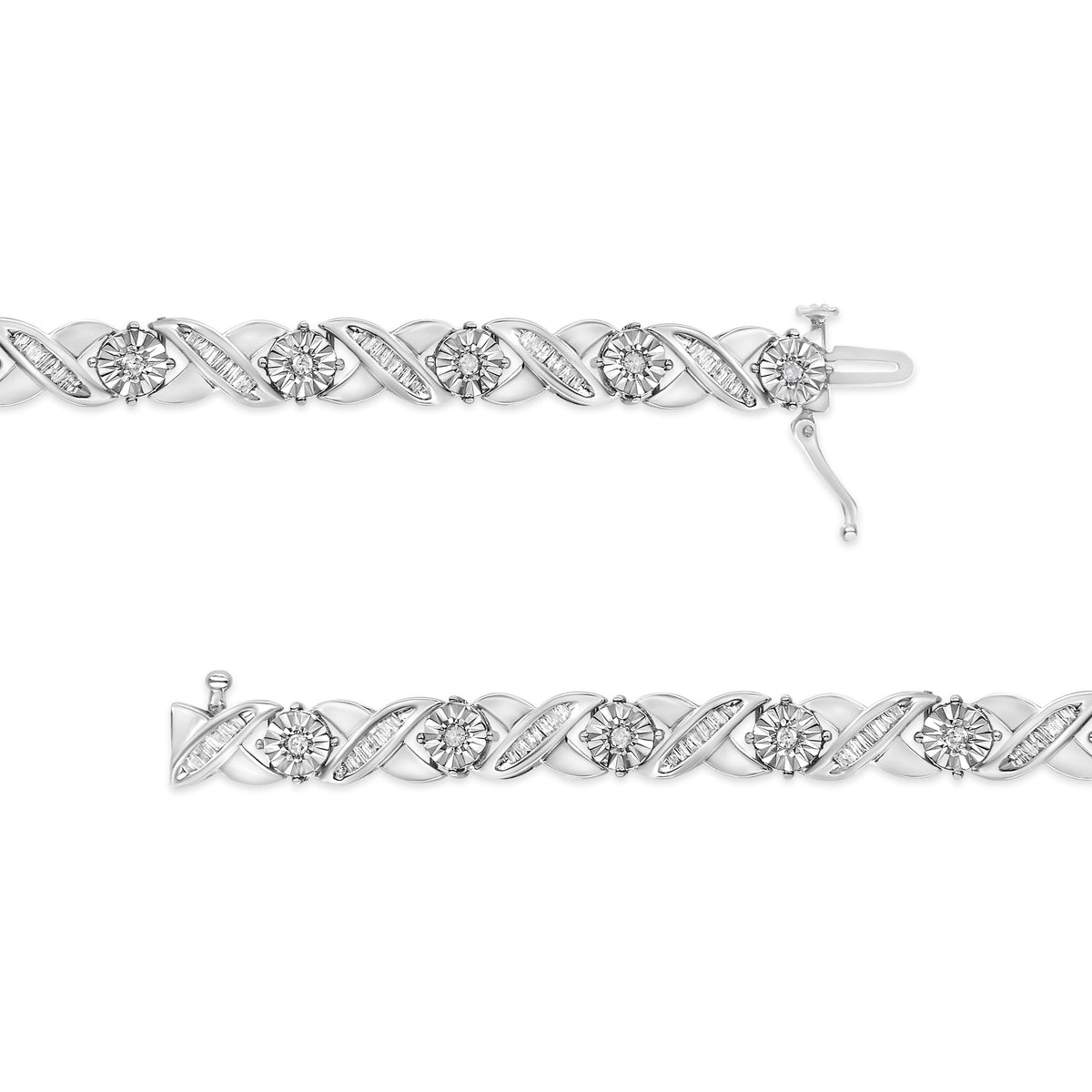 Pulsera de tenis de plata esterlina .925 con diamantes de corte redondo brillante y baguette de 1.0 quilates engarzados en milagro, tipo "X-Link", de 7" (color I-J, claridad I2-I3)