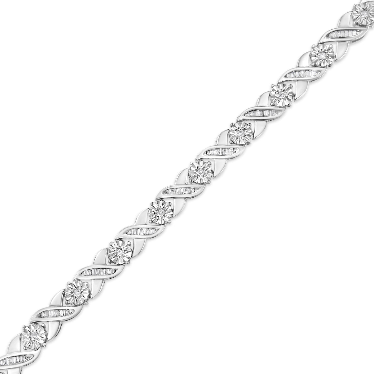 Pulsera de tenis de plata esterlina .925 con diamantes de corte redondo brillante y baguette de 1.0 quilates engarzados en milagro, tipo "X-Link", de 7" (color I-J, claridad I2-I3)