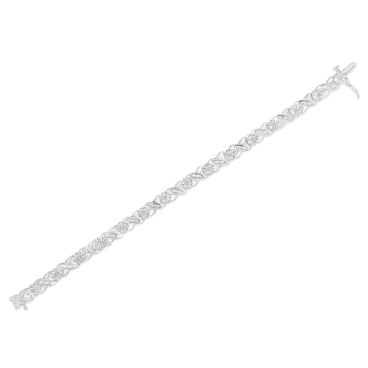 Pulsera de tenis de plata esterlina .925 con diamantes de corte redondo brillante y baguette de 1.0 quilates engarzados en milagro, tipo "X-Link", de 7" (color I-J, claridad I2-I3)
