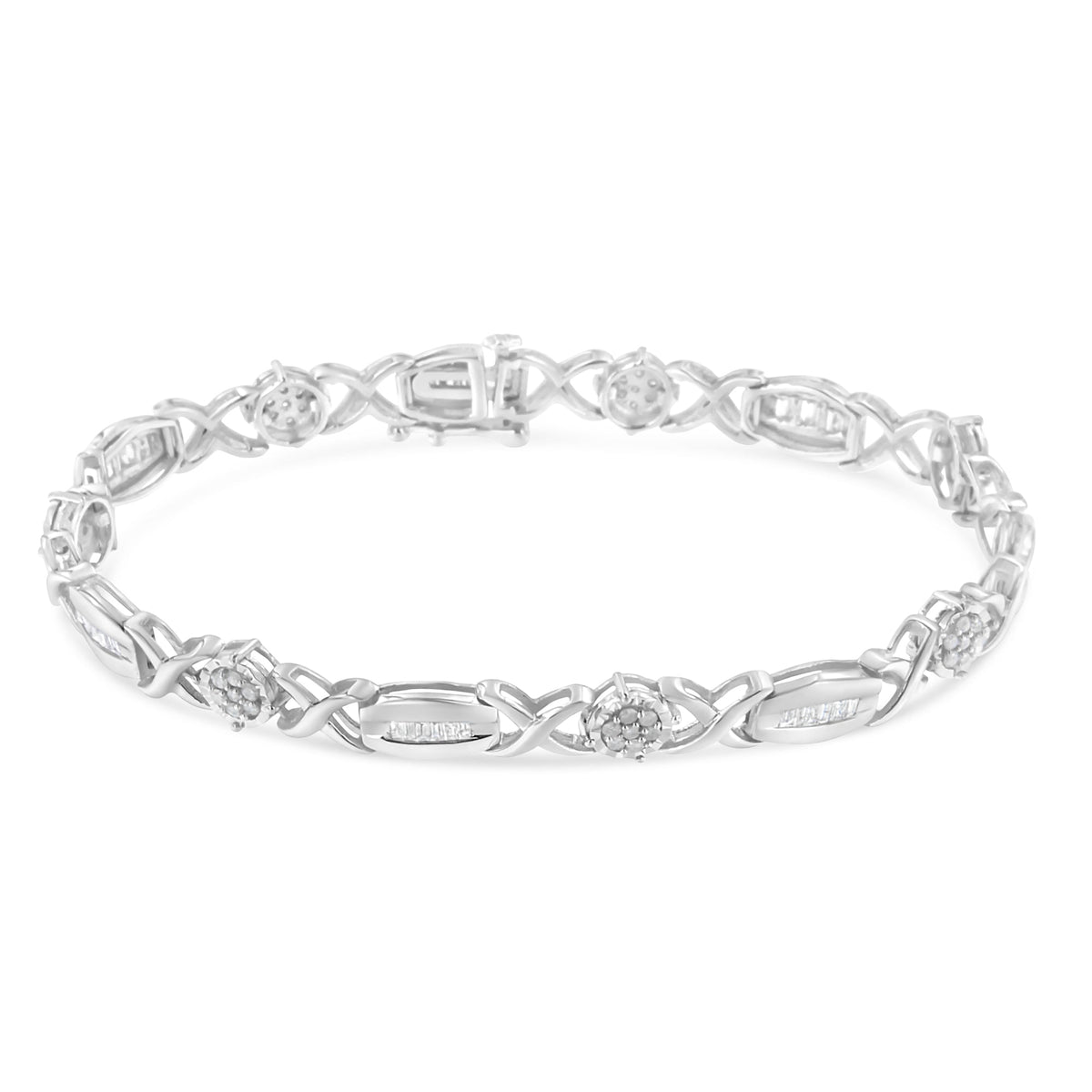 Pulsera de eslabones en X con diamantes de talla redonda y baguette de 1,0 Cttw en plata de ley .925 (color I-J, claridad I1-I2) - 7"