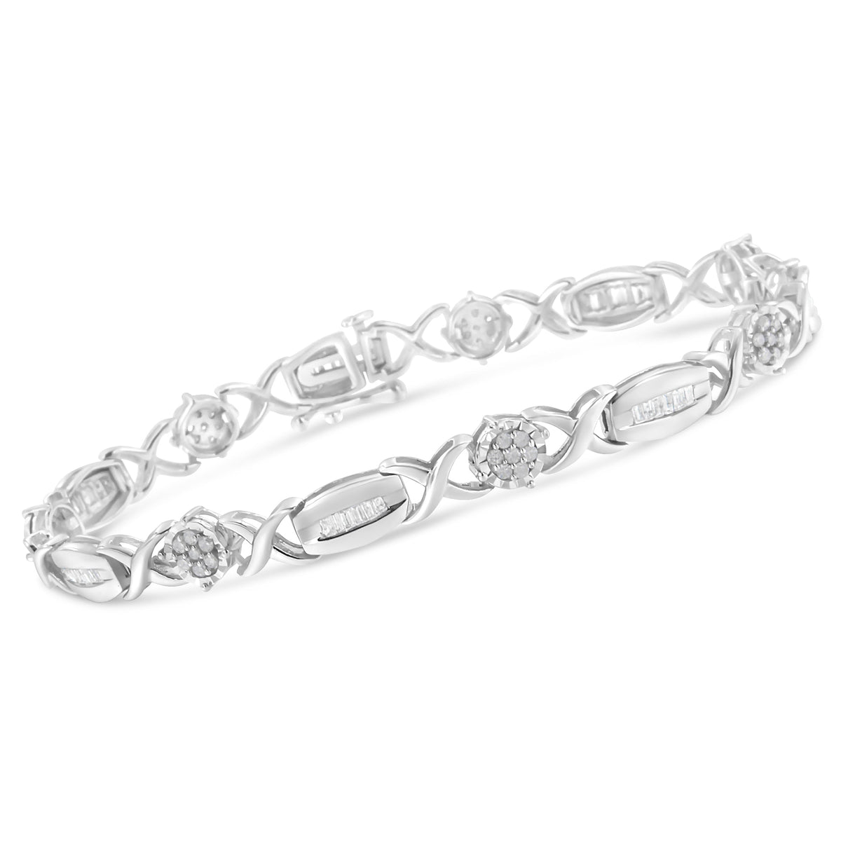 Pulsera de eslabones en X con diamantes de talla redonda y baguette de 1,0 Cttw en plata de ley .925 (color I-J, claridad I1-I2) - 7"