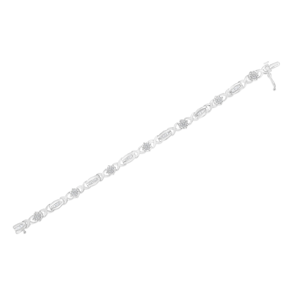 Pulsera de eslabones en X con diamantes de talla redonda y baguette de 1,0 Cttw en plata de ley .925 (color I-J, claridad I1-I2) - 7"