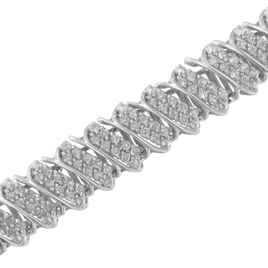 .925 Sterling Silver 3.0 Cttw Diamond Multi Row Cluster Slanted Wave Link 7-Â¼â€ Tennis Bracelet (I-J Color, I2-I3 Clarity)