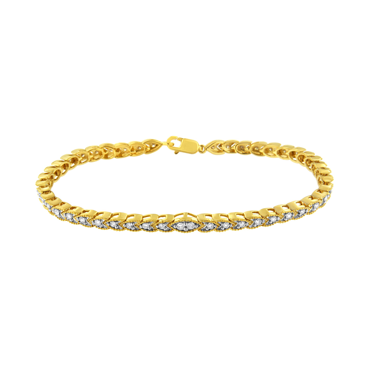 Pulsera de eslabones de oro amarillo de 10 quilates chapada en plata esterlina .925 con diamantes en forma de pera engastados en garras de 1 quilate total (color I-J, claridad I1-I2) - 7.25"