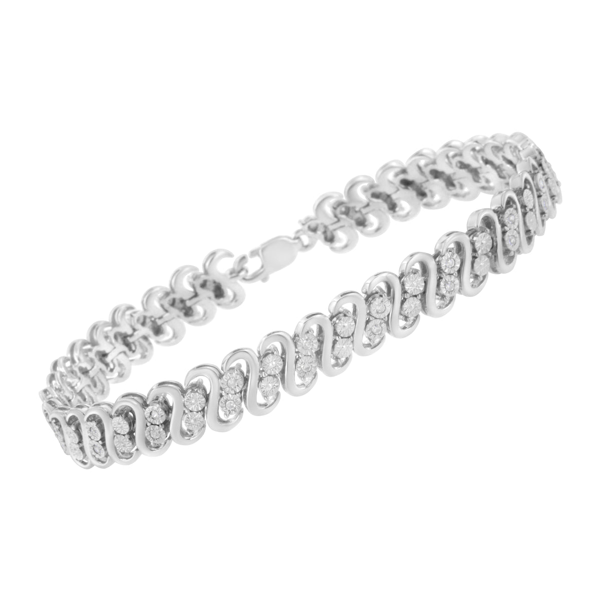 Pulsera de eslabones en S envueltos de plata de ley 925 con doble fila de diamantes de talla redonda de 0,25 quilates (color I-J, claridad I2-I3) - Talla 7,25"