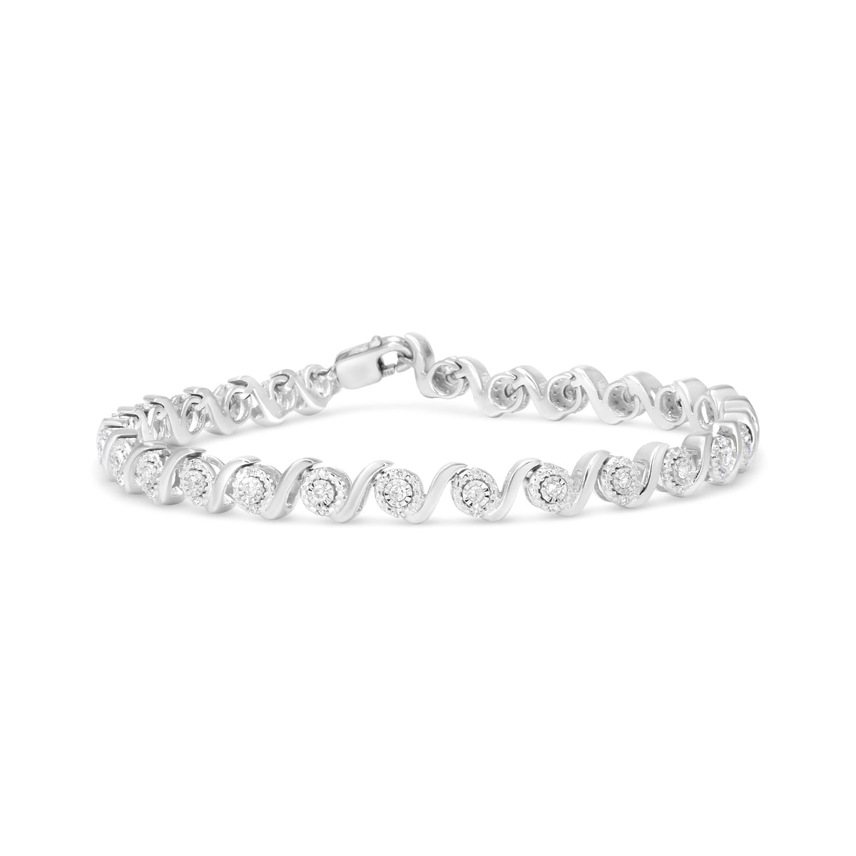 Pulsera de plata esterlina .925 con 1/2 quilate total de diamante redondo en halo y enlace en S (color I-J, claridad I2-I3) - 7.25"