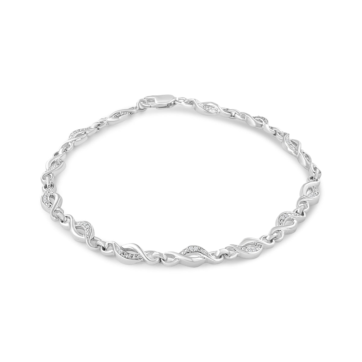 Pulsera de eslabones en espiral curvada de plata de ley .925 con detalles de diamantes engastados en garras (color I-J, claridad I3) - 7.25"