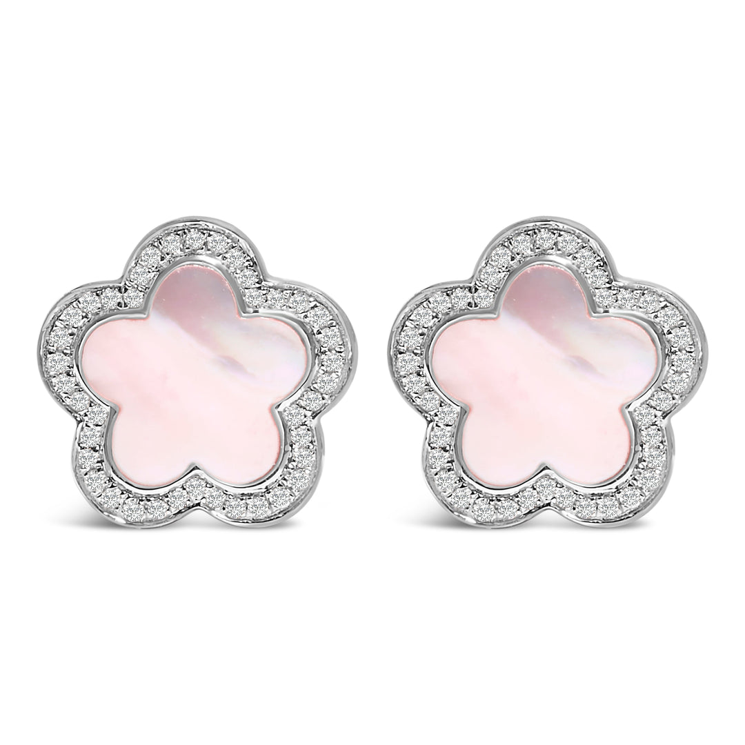 14K White Gold Mother of Pearl and 1/5 Cttw Diamond Halo Star Stud Earrings