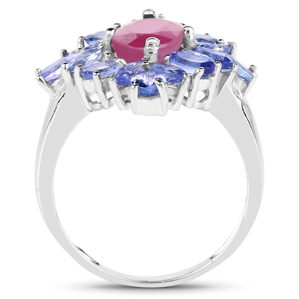 Anillo de Plata de Ley .925 con Rubí Relleno de Vidrio de 3.48 Quilates y Tanzanita