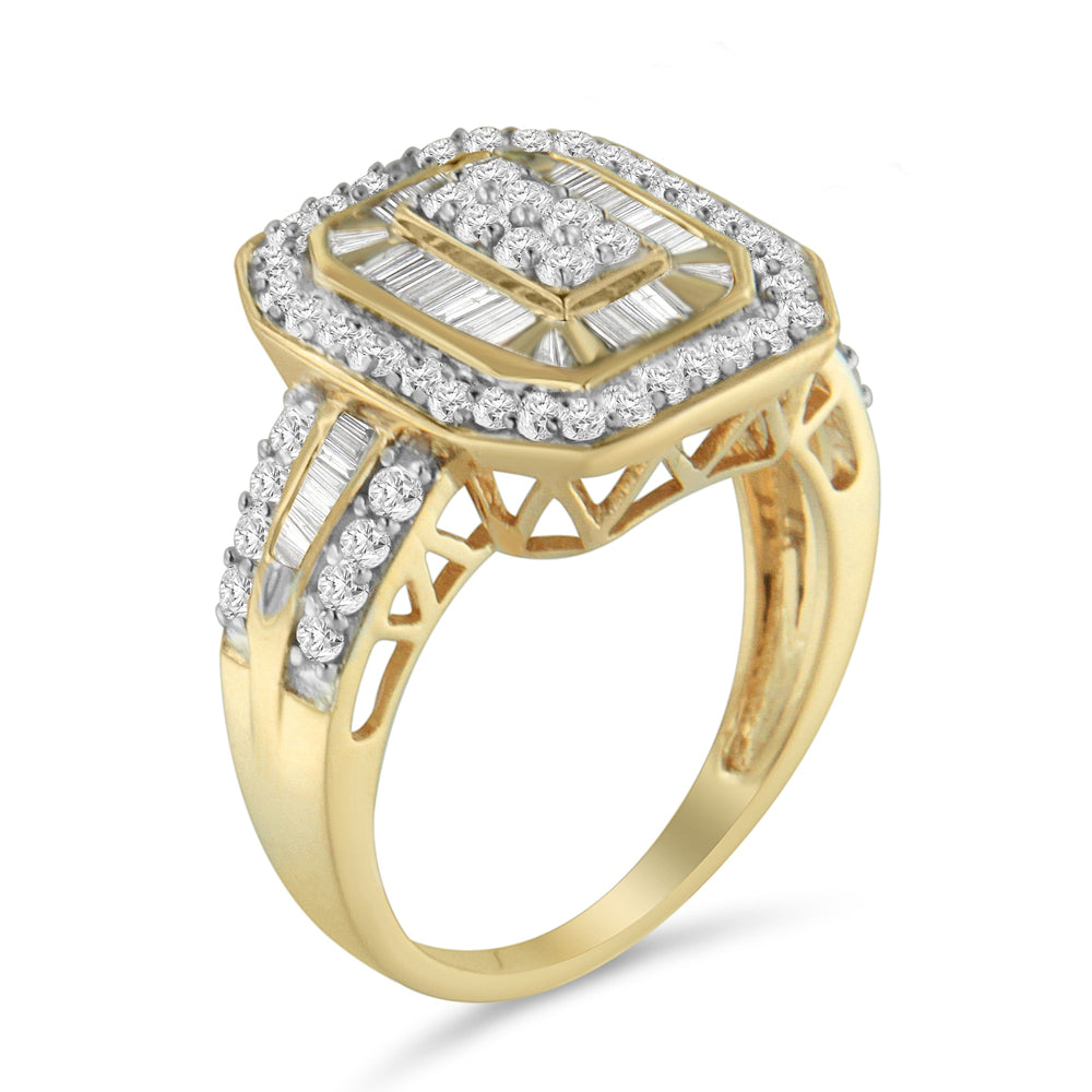 10K Yellow Gold 1.0 Cttw Diamond Vintage Inspired Baguette-Cut Double Halo Emerald-Shaped Frame Cocktail Ring (I-J Color, I1-I2 Clarity) - Size 6-1/2