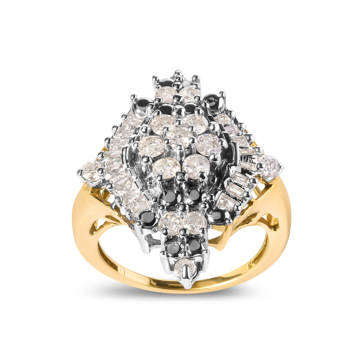 Anillo de oro amarillo de 10K con racimo de diamantes redondos y de talla baguette de 1 quilate de peso total y halo de rombos (color H-I, claridad I1-I2) - Talla 7