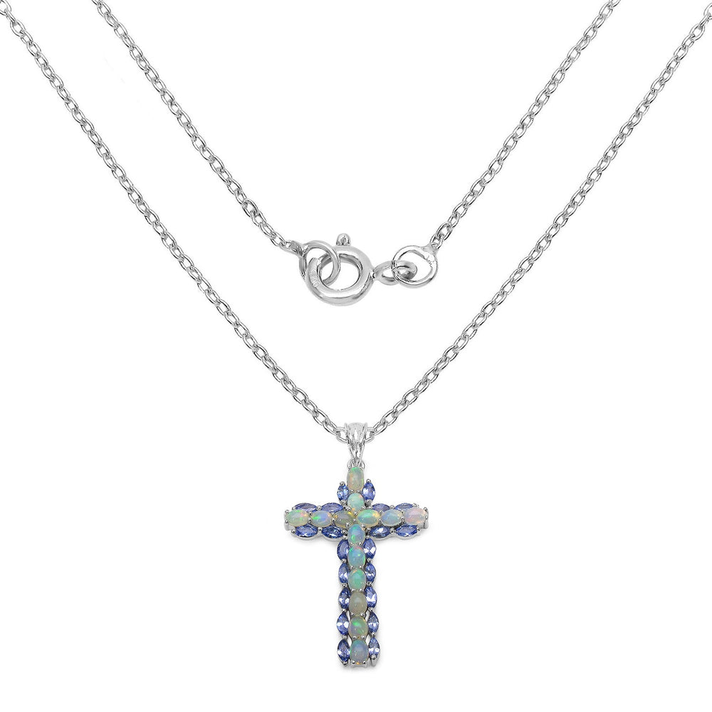3.32 Carat Genuine Ethiopian Opal and Tanzanite .925 Sterling Silver Pendant