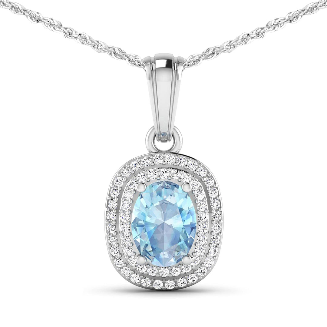 1.35 Carat Genuine Aquamarine and White Diamond 14K White Gold Pendant