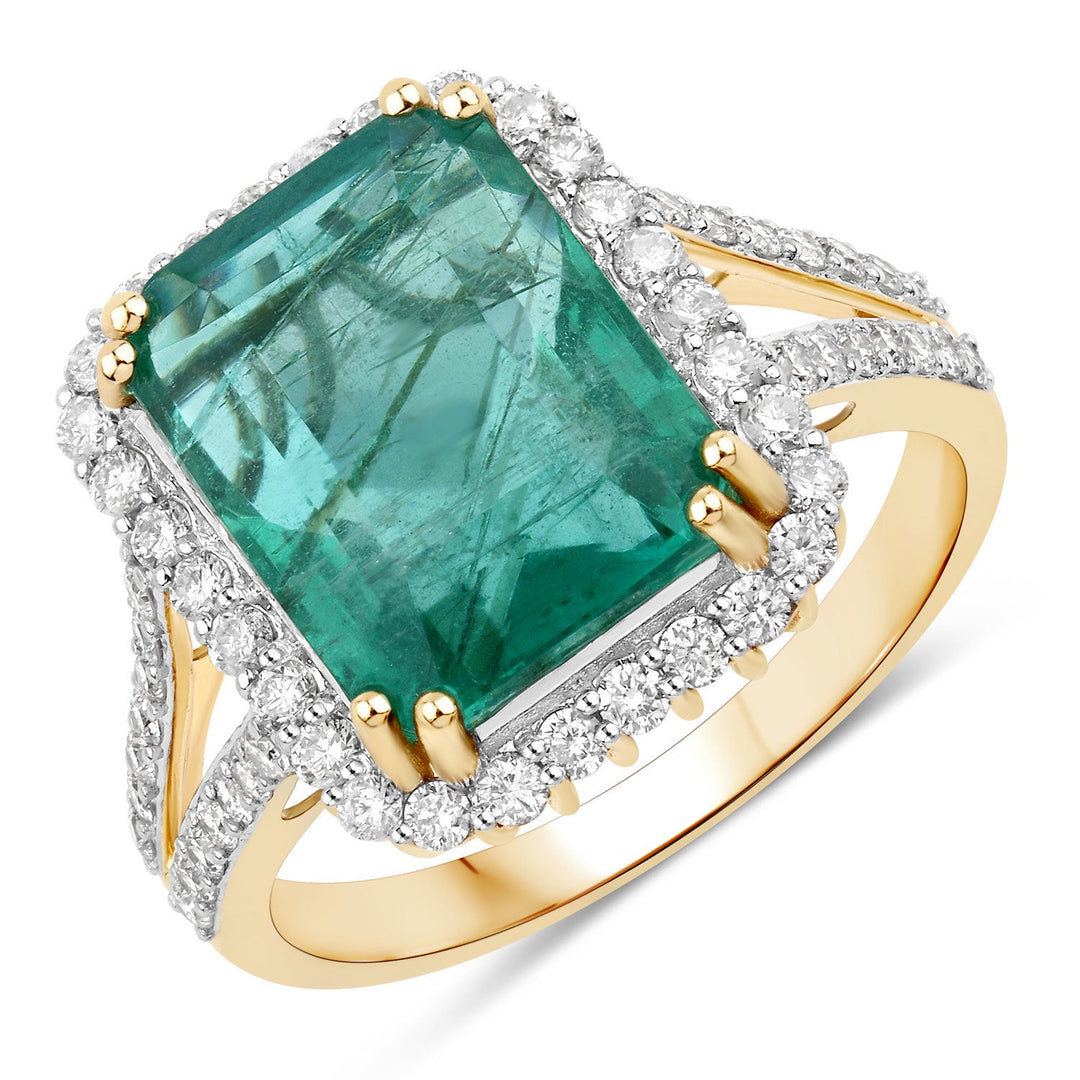 Anillo de oro amarillo de 14 quilates con esmeralda zambiana auténtica de 6,96 quilates y diamantes blancos, certificado por IGI