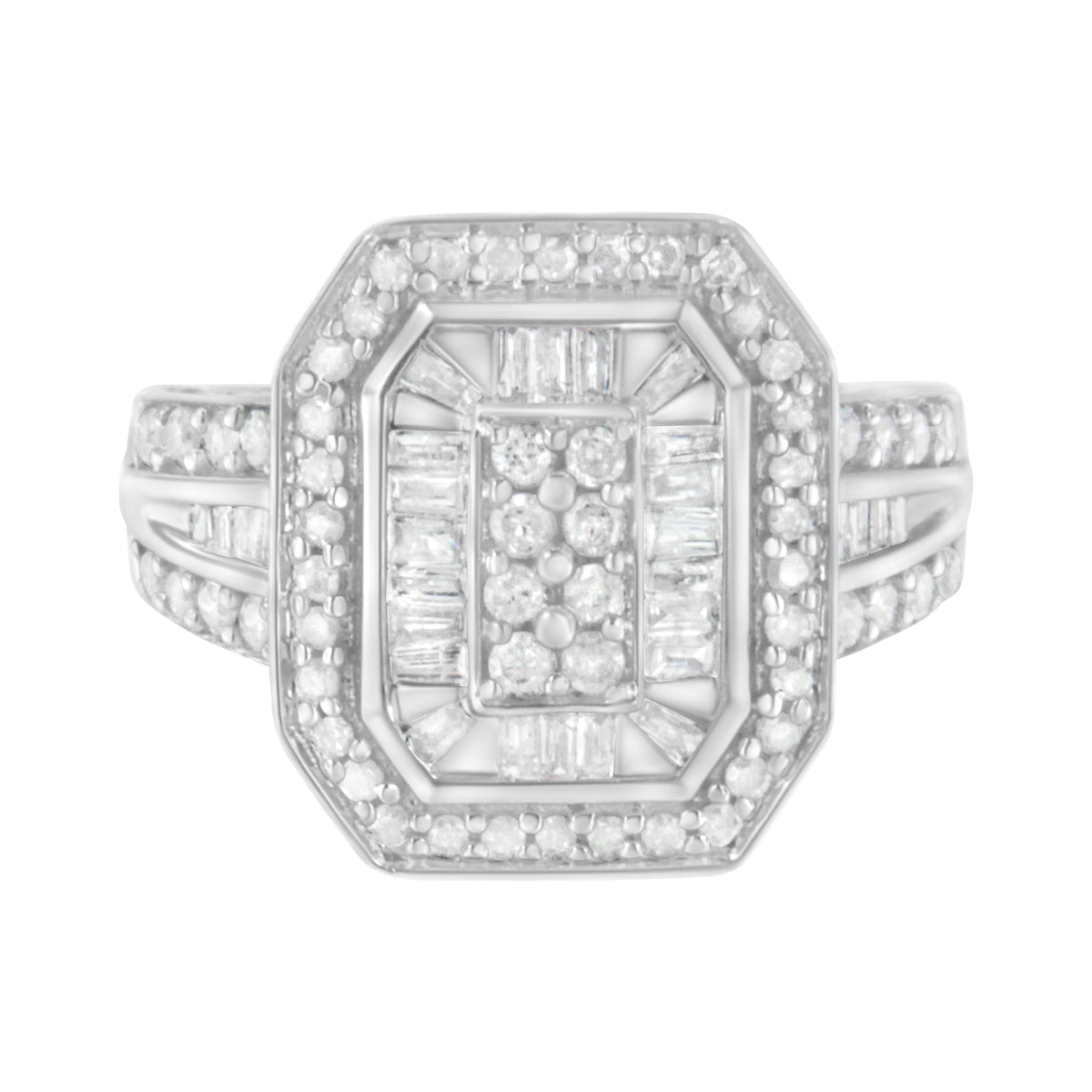 Anillo de plata de ley .925 con diamantes redondos y baguette en engaste catedral (0.75 Cttw, color H-I, claridad I2-I3) - Talla 7