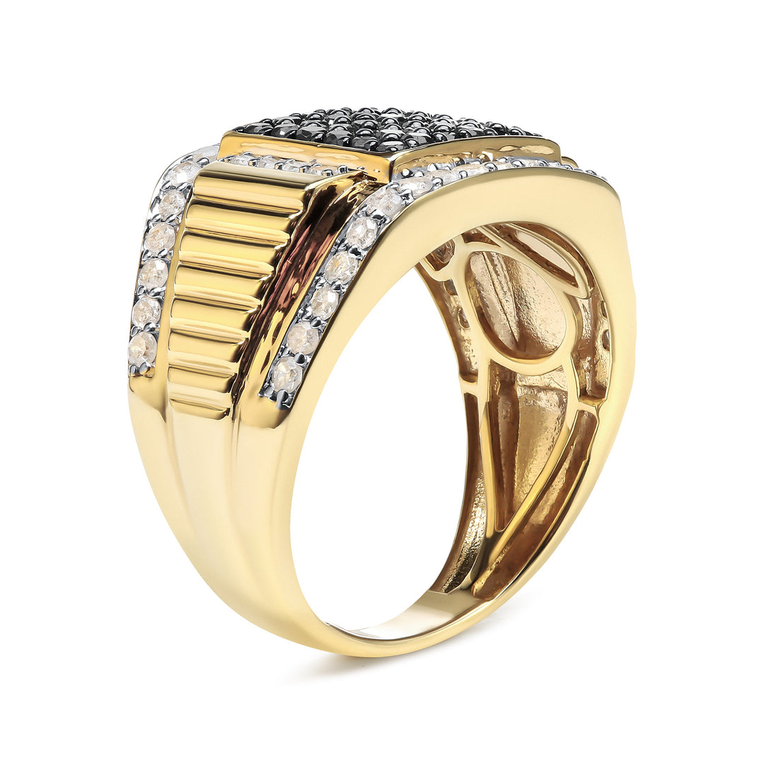 Anillo de hombre chapado en oro amarillo de 14K sobre plata de ley .925 con diamantes blancos y negros tratados de 1 1/2 quilates (color I-J, claridad I2-I3) - Talla 10