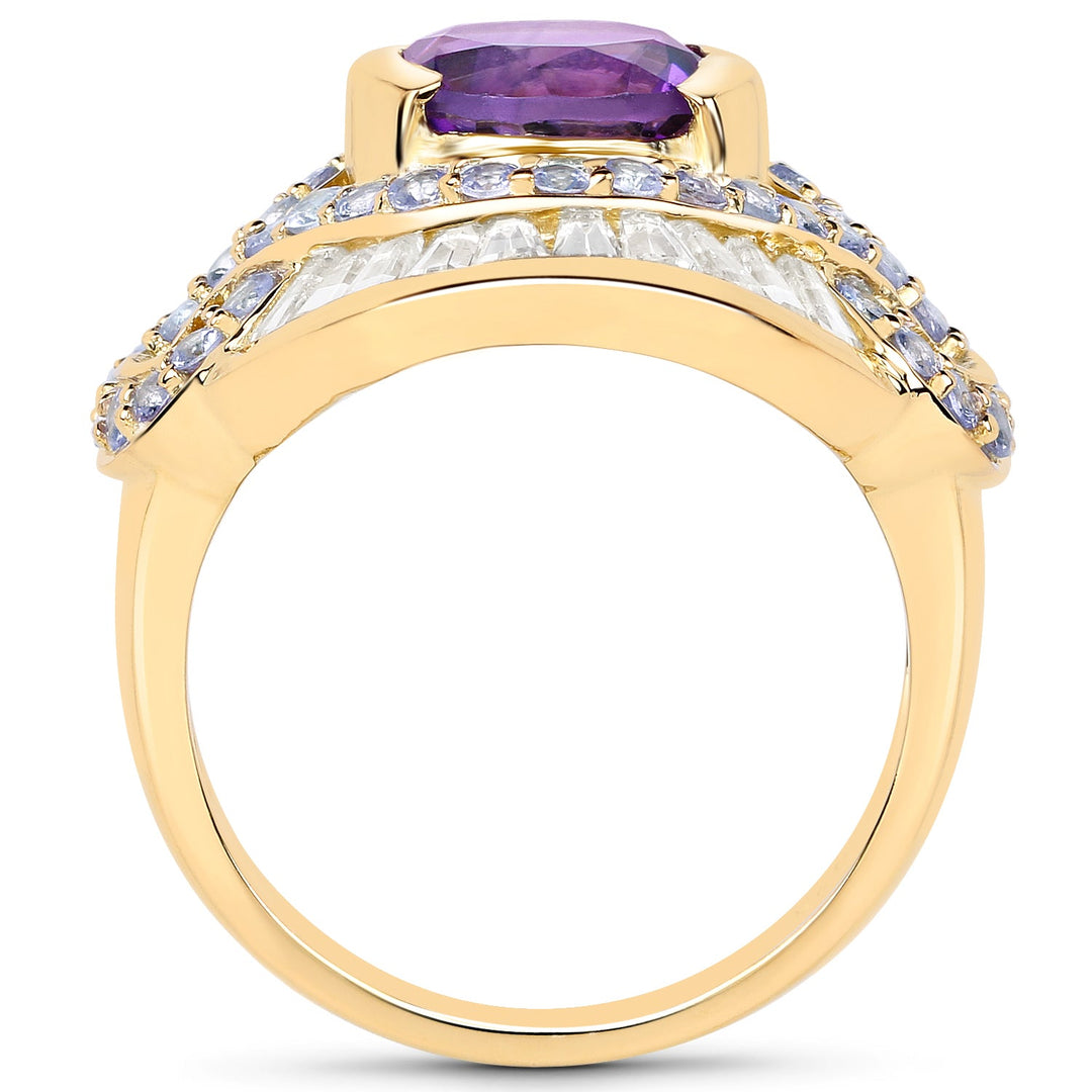 Anillo de plata esterlina .925 con amatista genuina de 3.93 quilates, tanzanita y topacio blanco, bañado en oro amarillo de 14K
