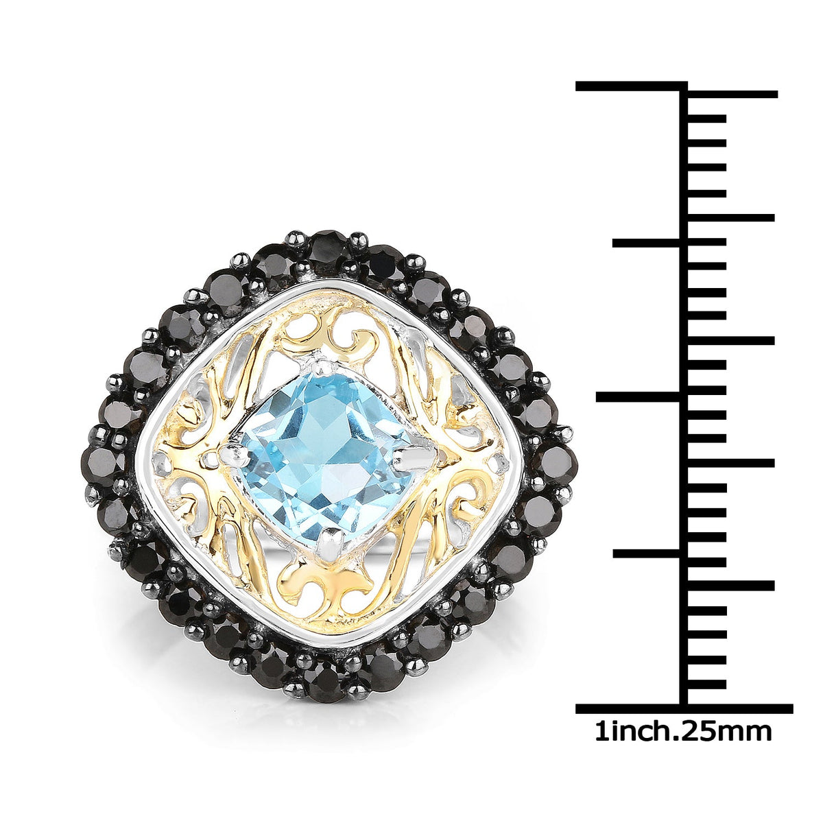 Anillo de plata esterlina .925 chapado en dos tonos con topacio azul suizo auténtico de 2.85 quilates y espinela negra