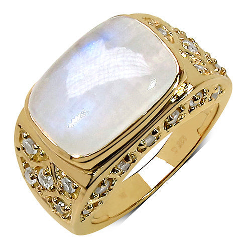 Anillo de Plata de Ley .925 con Piedra Lunar Arcoíris Blanca Genuina de 8.08 Quilates y Topacio Blanco