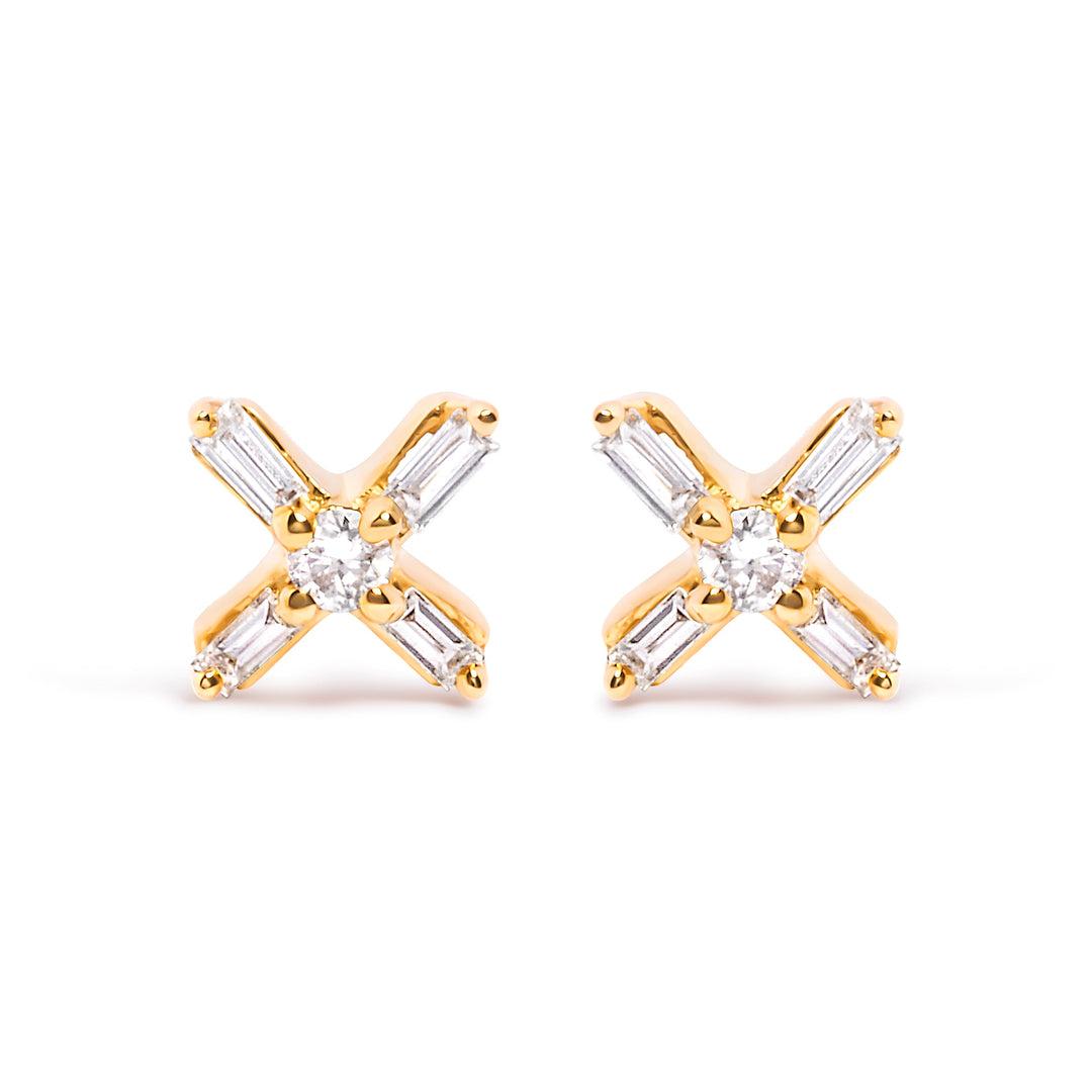 10K Yellow Gold 1/10 Cttw Round and Baguette Diamond Criss Cross X Stud Earring (H-I Color, I1-I2 Clarity)