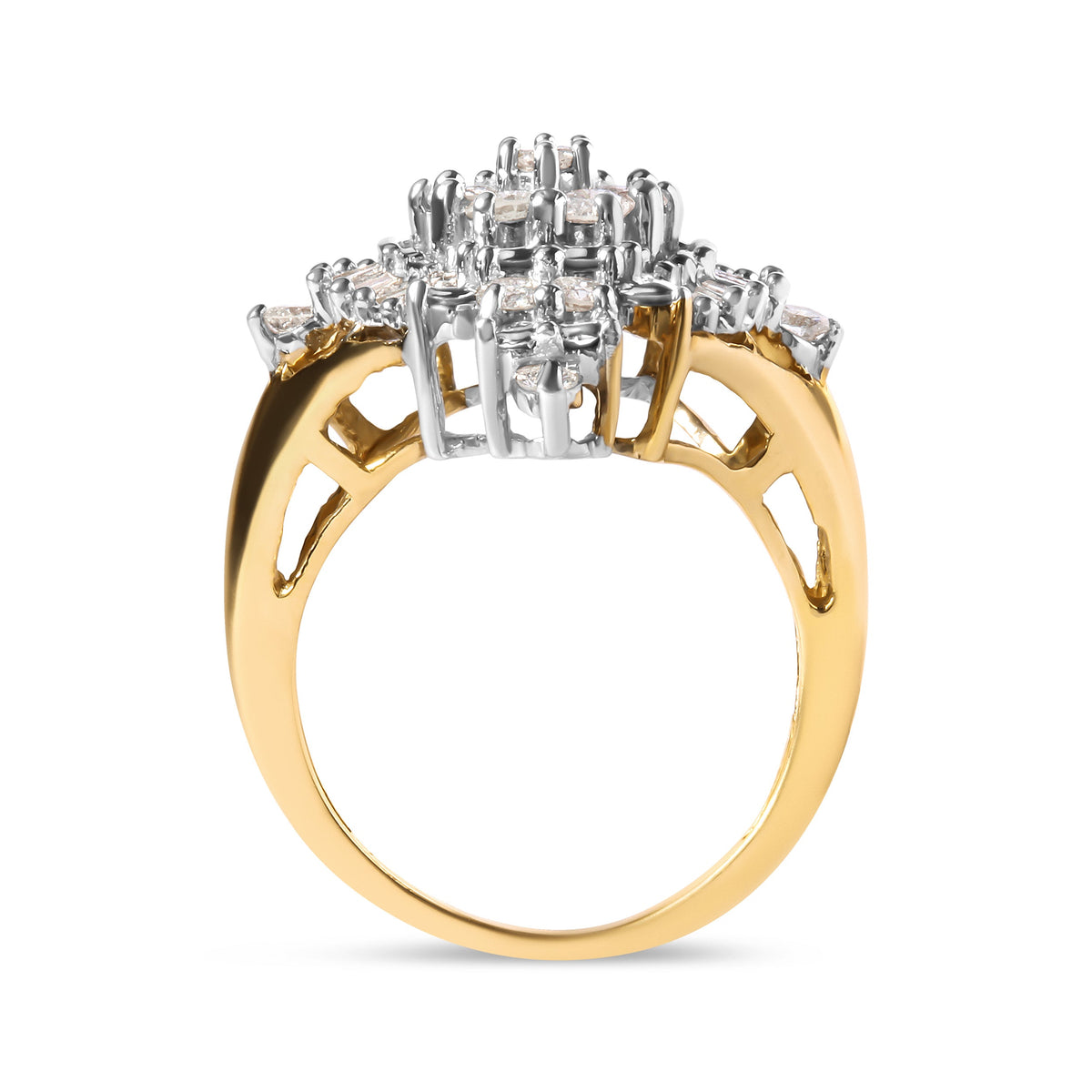 Anillo de oro amarillo de 10K con racimo de diamantes redondos y de talla baguette de 1 quilate de peso total y halo de rombos (color H-I, claridad I1-I2) - Talla 7
