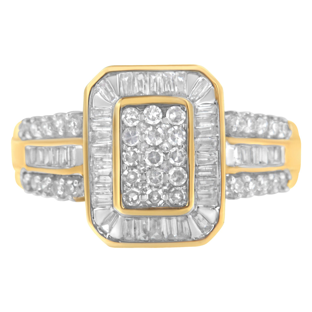 Anillo de oro amarillo de 10 quilates con diamantes redondos y talla baguette (1,0 quilates totales, color I-J, claridad SI1-SI2) - Talla 7