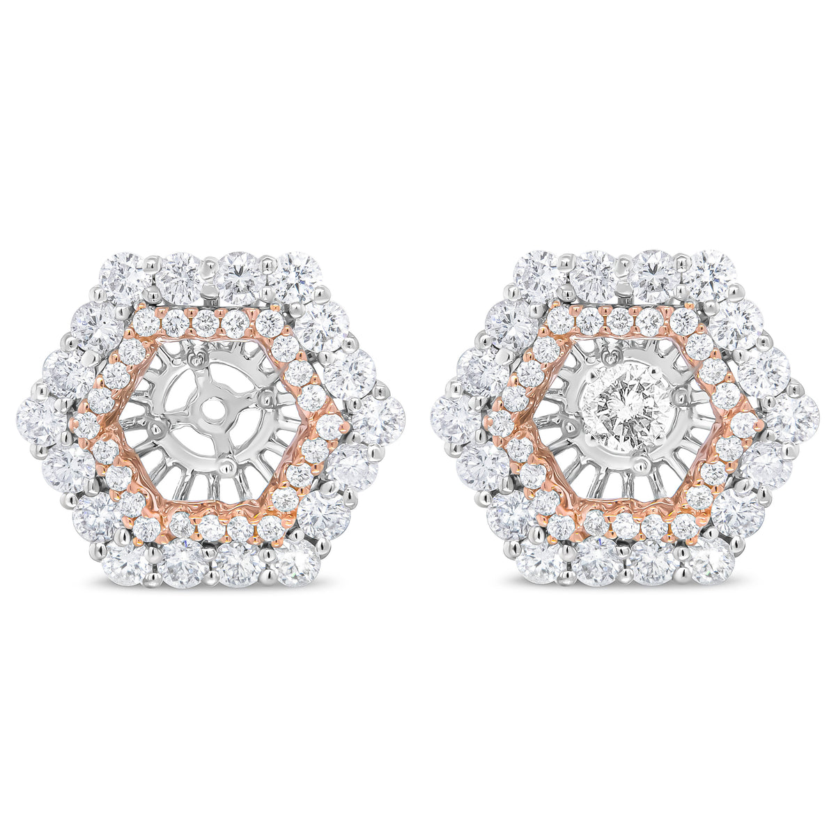 Anillo embellecedor para pendientes de tuerca redondos de 6 mm con doble halo de diamantes redondos de 1 7/8 Cttw de oro blanco y rosa de 14K (Color G-H, Claridad VS2-SI1)