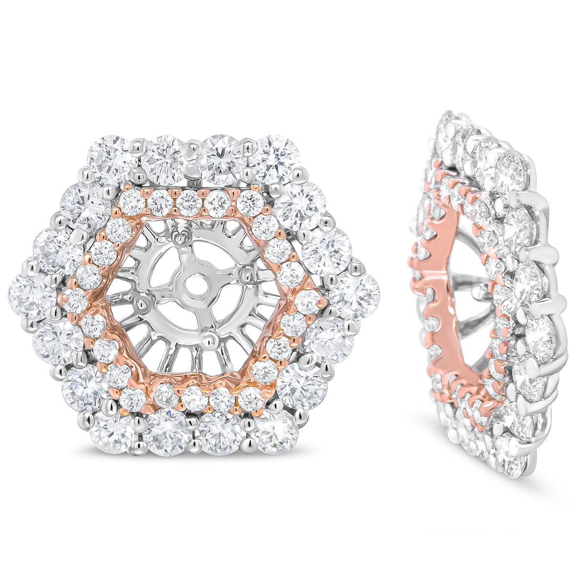 Anillo embellecedor para pendientes de tuerca redondos de 6 mm con doble halo de diamantes redondos de 1 7/8 Cttw de oro blanco y rosa de 14K (Color G-H, Claridad VS2-SI1)
