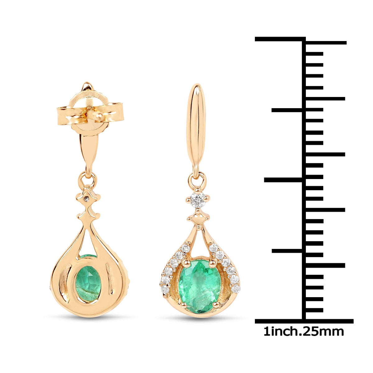Pendientes de oro amarillo de 14 quilates con esmeralda zambiana auténtica de 0,70 quilates y diamantes blancos