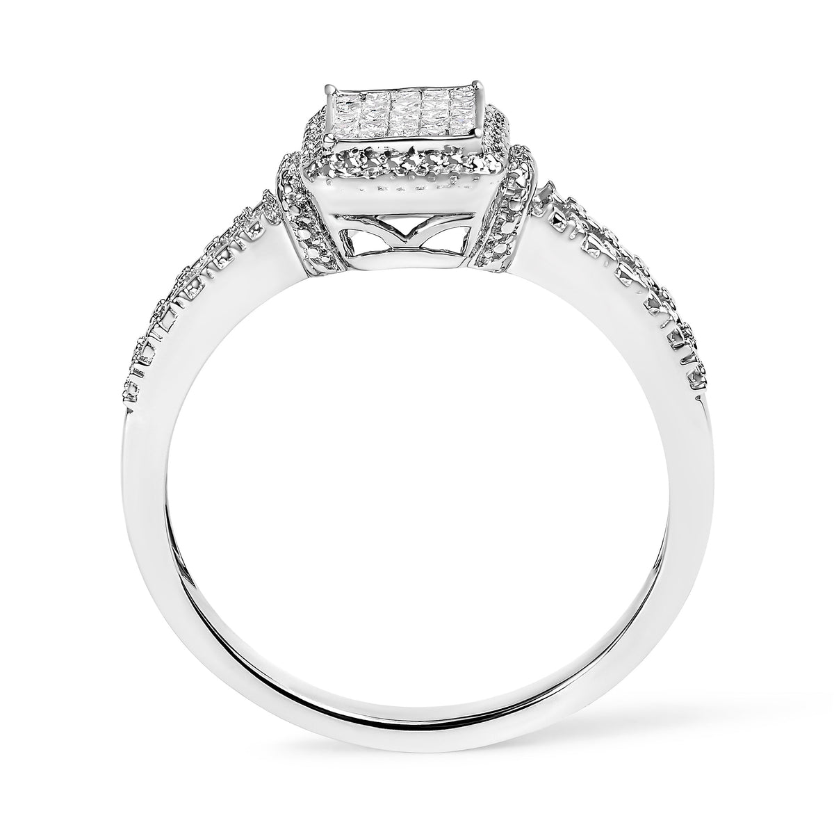 Anillo de plata de ley .925 con diamante de talla princesa de 1/4 Cttw y halo de cuentas (color H-I, claridad SI1-SI2) - Talla 7
