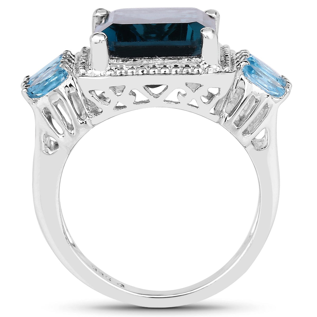Anillo de Plata de Ley .925 con Topacio Azul Londres y Topacio Azul Suizo Genuinos de 8.17 Quilates