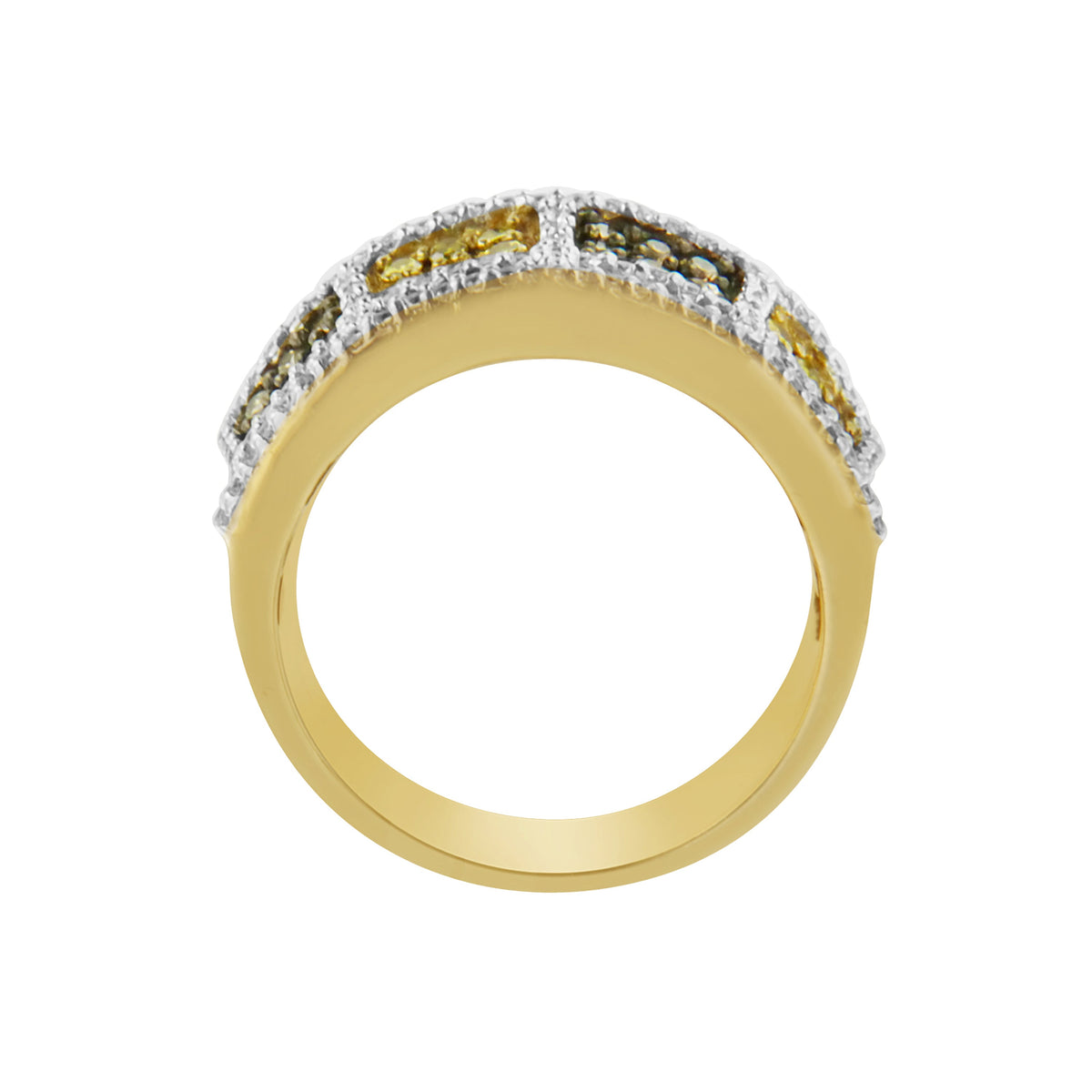 Anillo de oro amarillo de 14 K con diamantes redondos, amarillos y de color champán (1 1/2 ct. p.t., color H-I, claridad I1-I2)