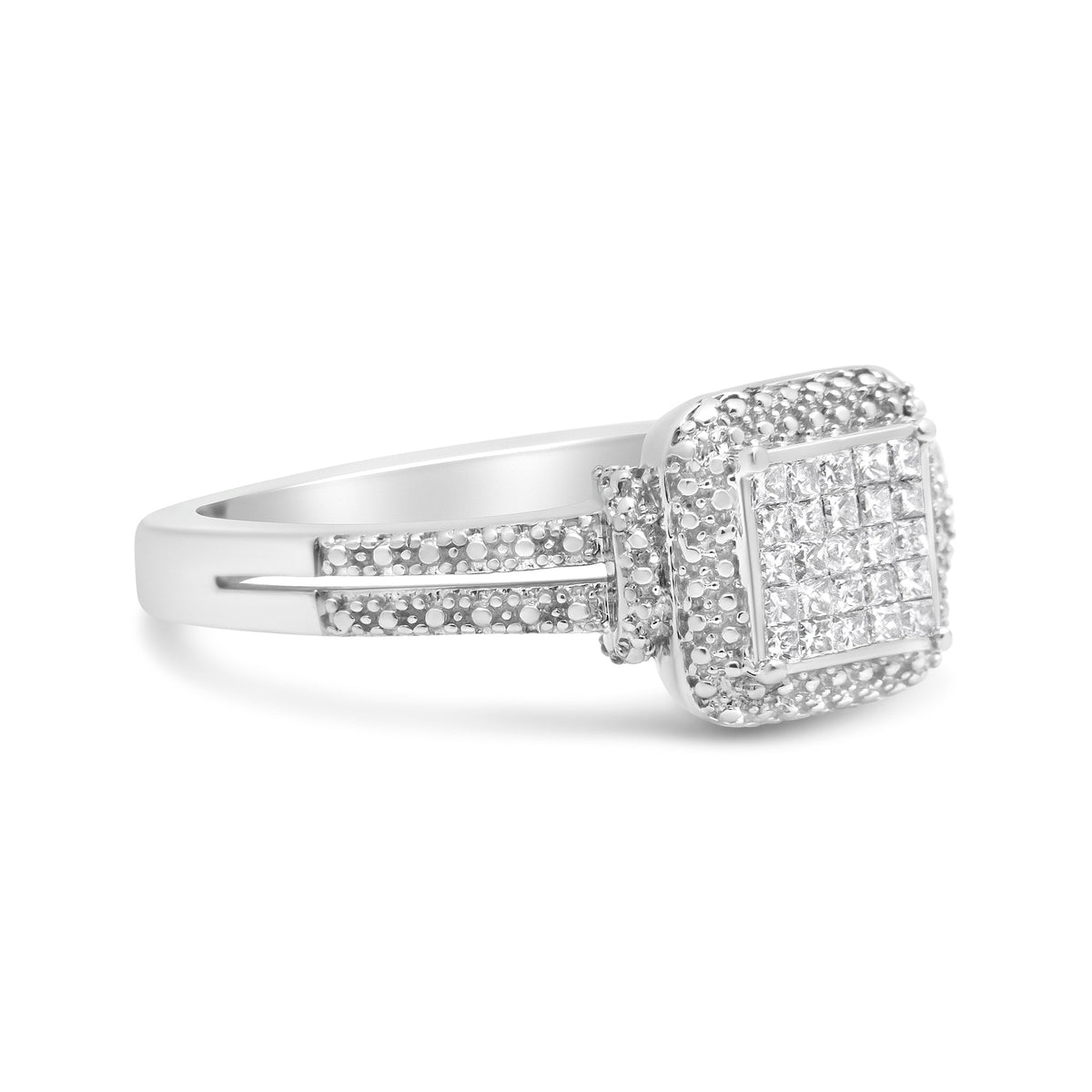 Anillo de plata de ley .925 con diamante de talla princesa de 1/4 Cttw y halo de cuentas (color H-I, claridad SI1-SI2) - Talla 7