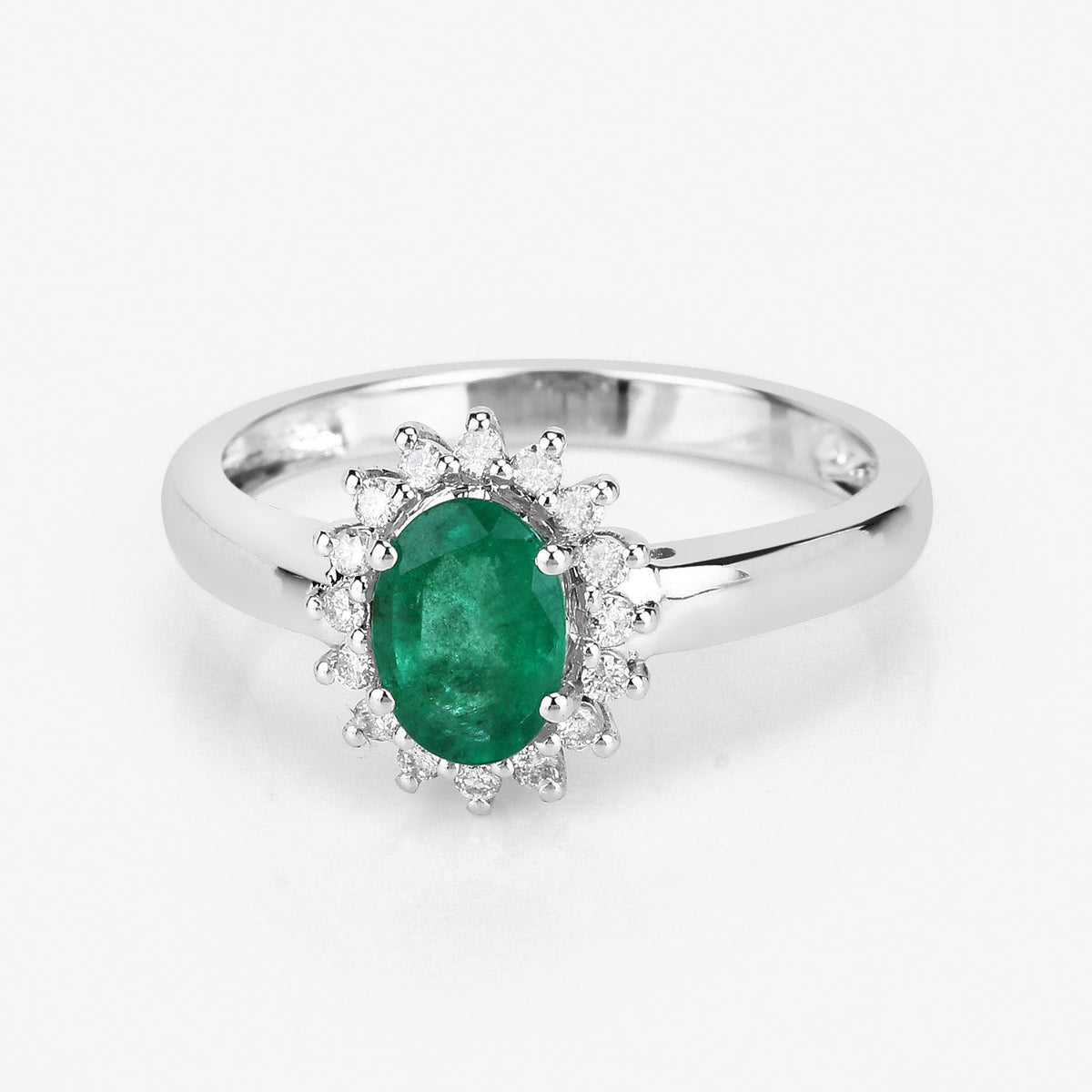 Anillo de oro blanco de 14K con esmeralda genuina de Zambia de 0,86 quilates y diamantes blancos