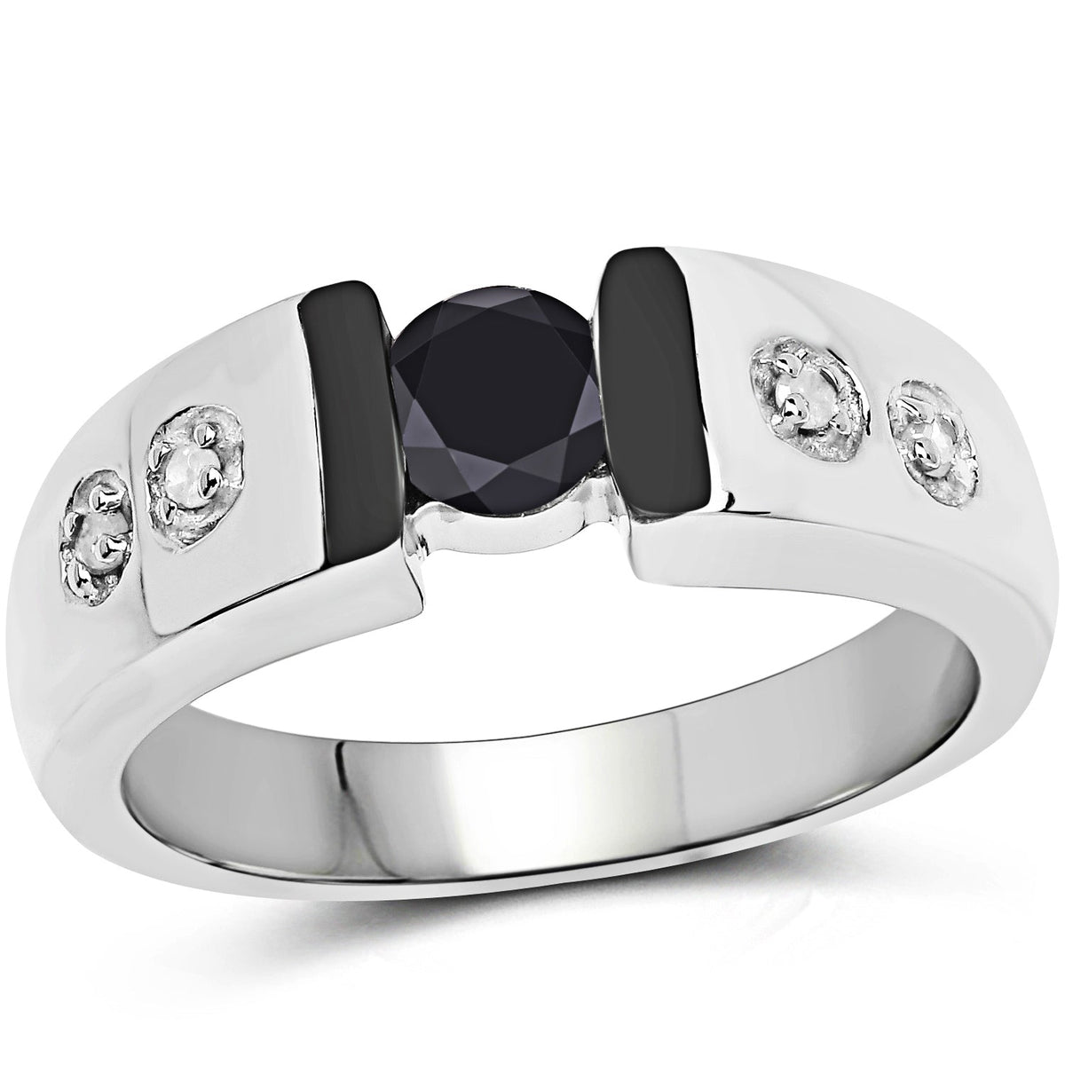 Anillo de Plata de ley .925 con Diamante Negro Genuino de 0.56 Quilates y Diamante Blanco