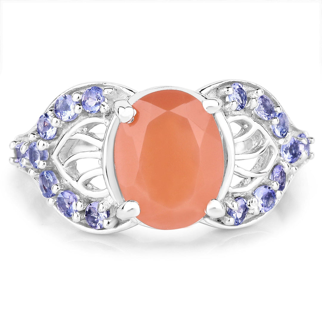 Anillo de plata de ley .925 con auténtica piedra lunar melocotón de 3,06 quilates y tanzanita