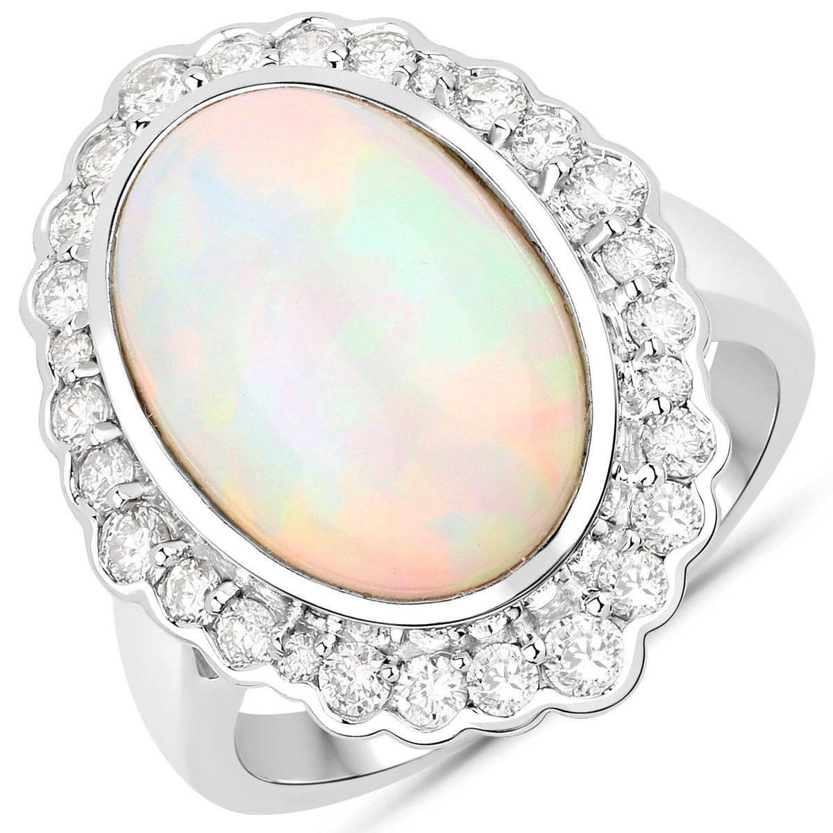 Anillo de oro blanco de 14K con ópalo etíope genuino de 6,38 quilates y diamantes blancos