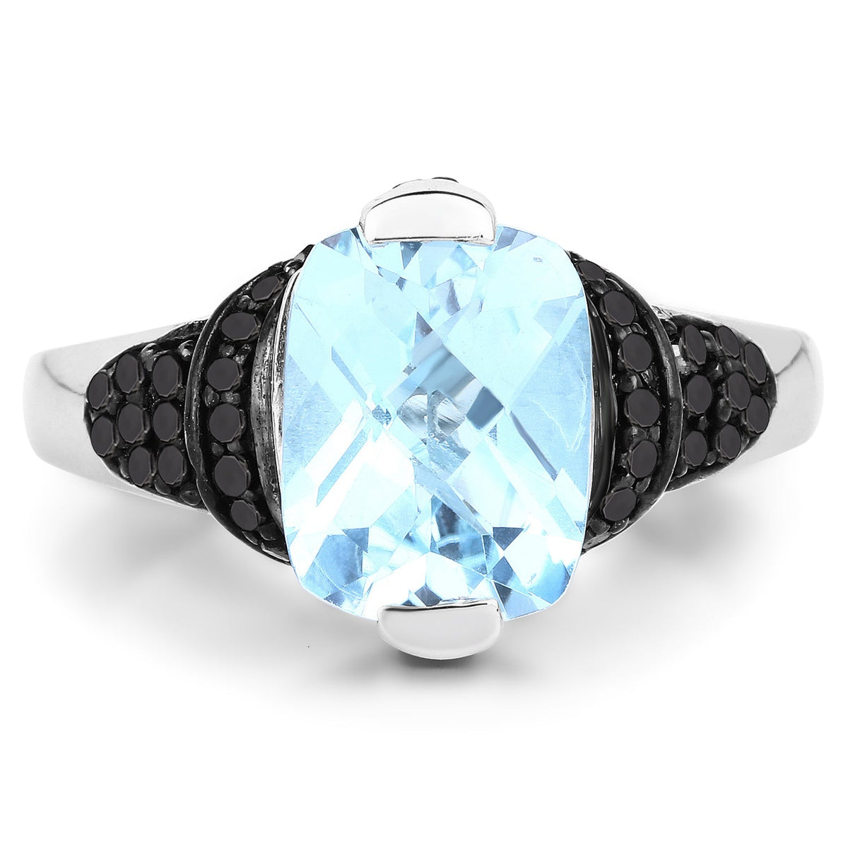 Anillo de plata de ley .925 con topacio azul suizo auténtico de 3.81 quilates, diamantes negros y diamantes blancos